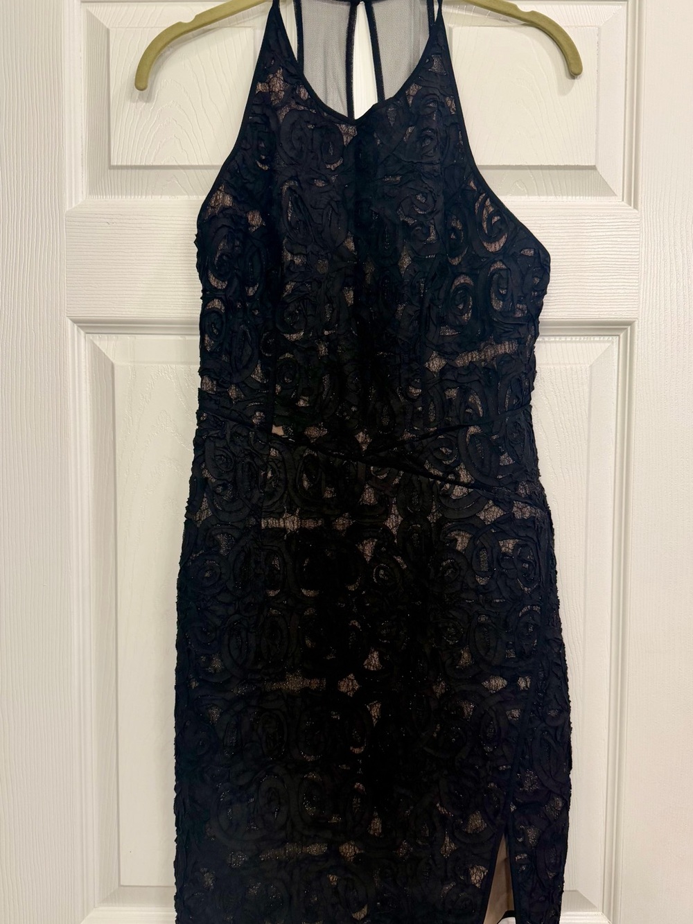 BCBGMaxAzria Black Lace Halter Mini with Nude Underlay
